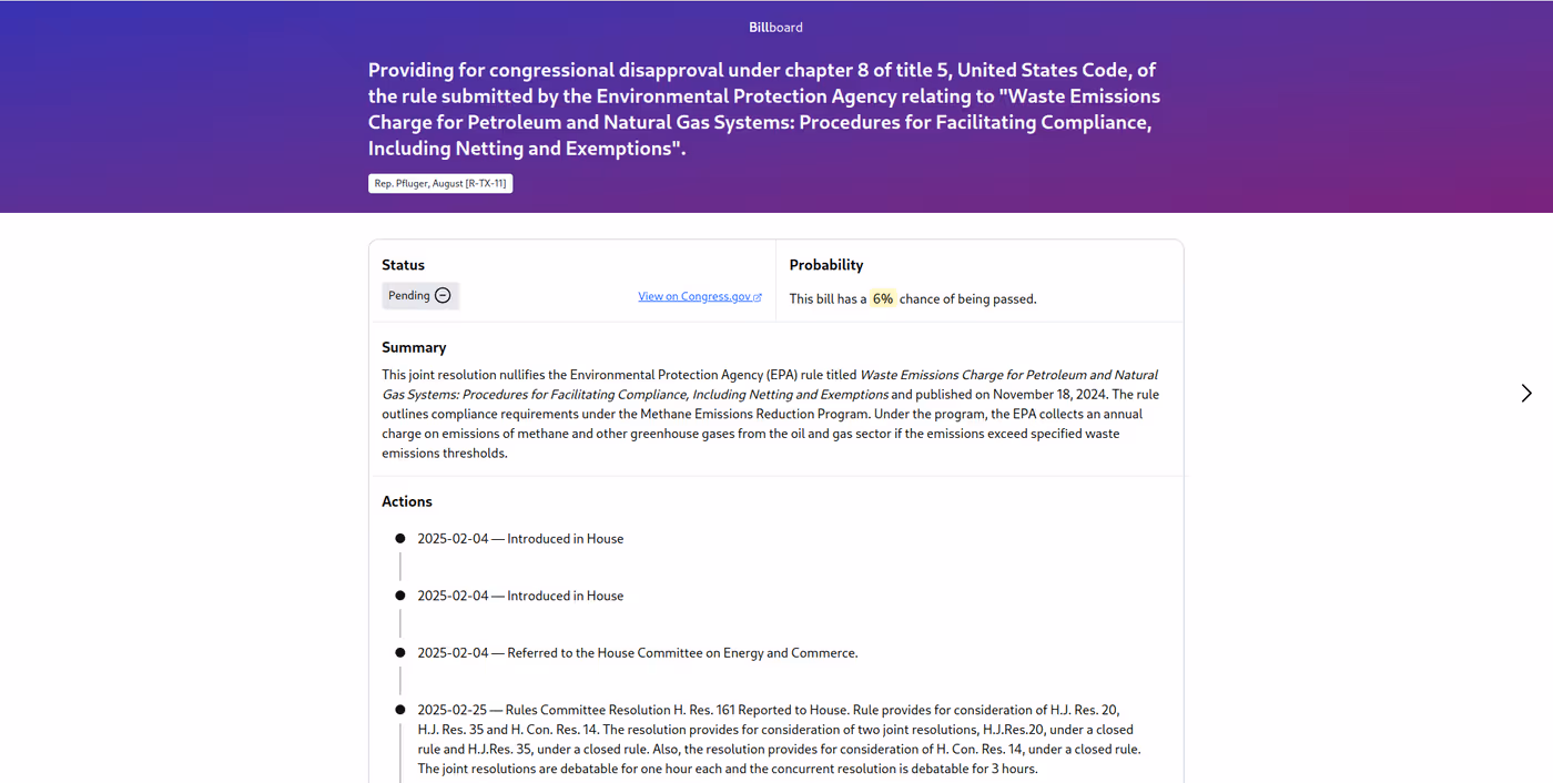 a screenshot showing a bill with information like the status, probability it passes, summary, and history