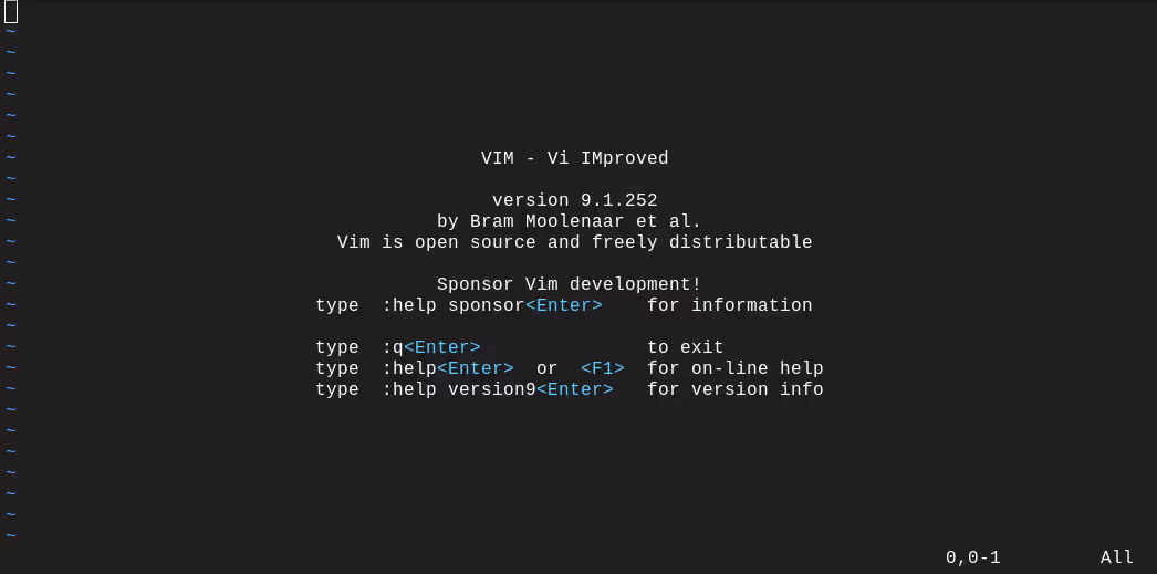 screenshot of Vim's opening screen